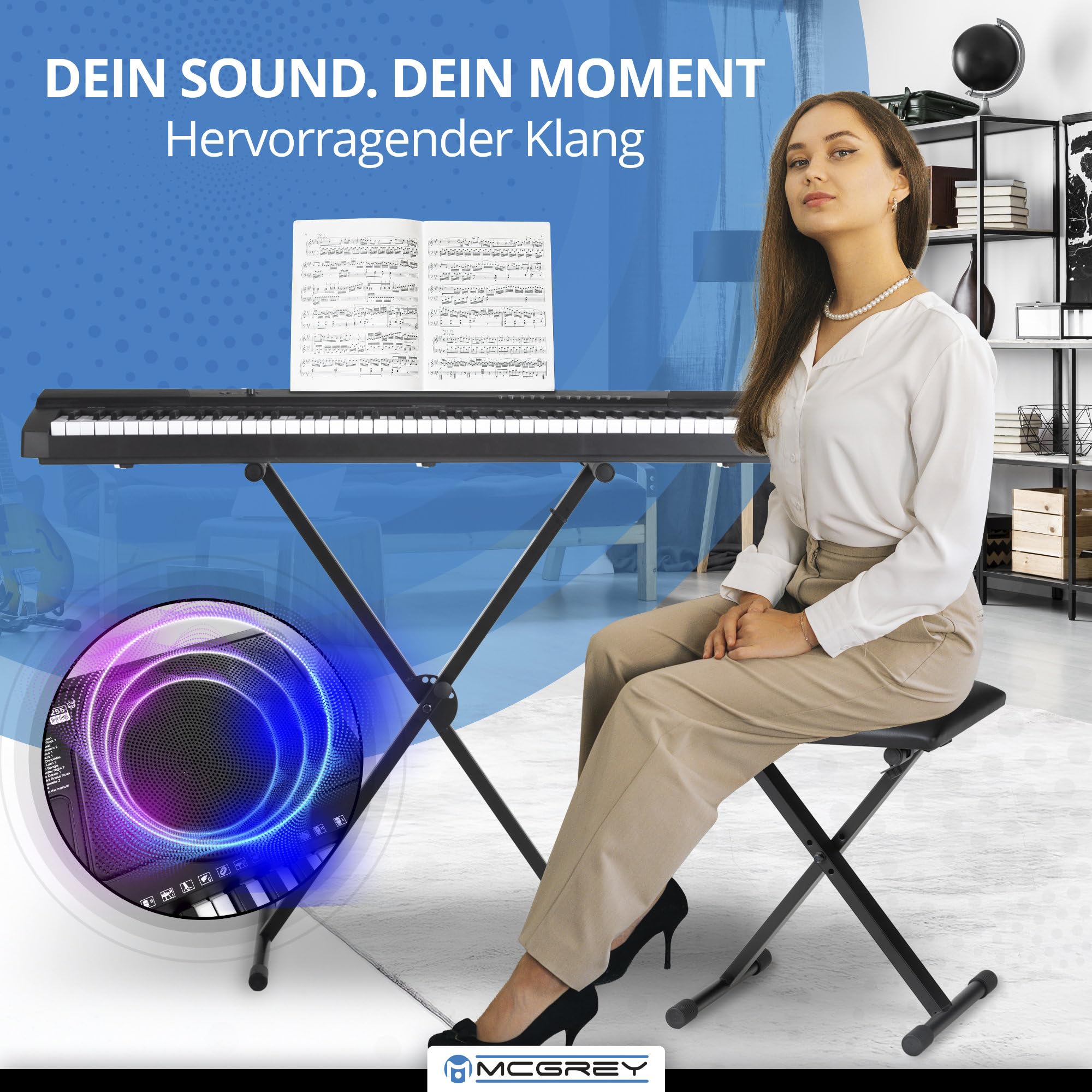 McGrey LK-6150 61 Tasten Keyboard Set - Einsteiger-Keyboard mit 61 Leuchttasten - 255 Sounds und 255 Rhythmen - integrierter MP3-Player - inkl. Ständer und Hocker - Schwarz