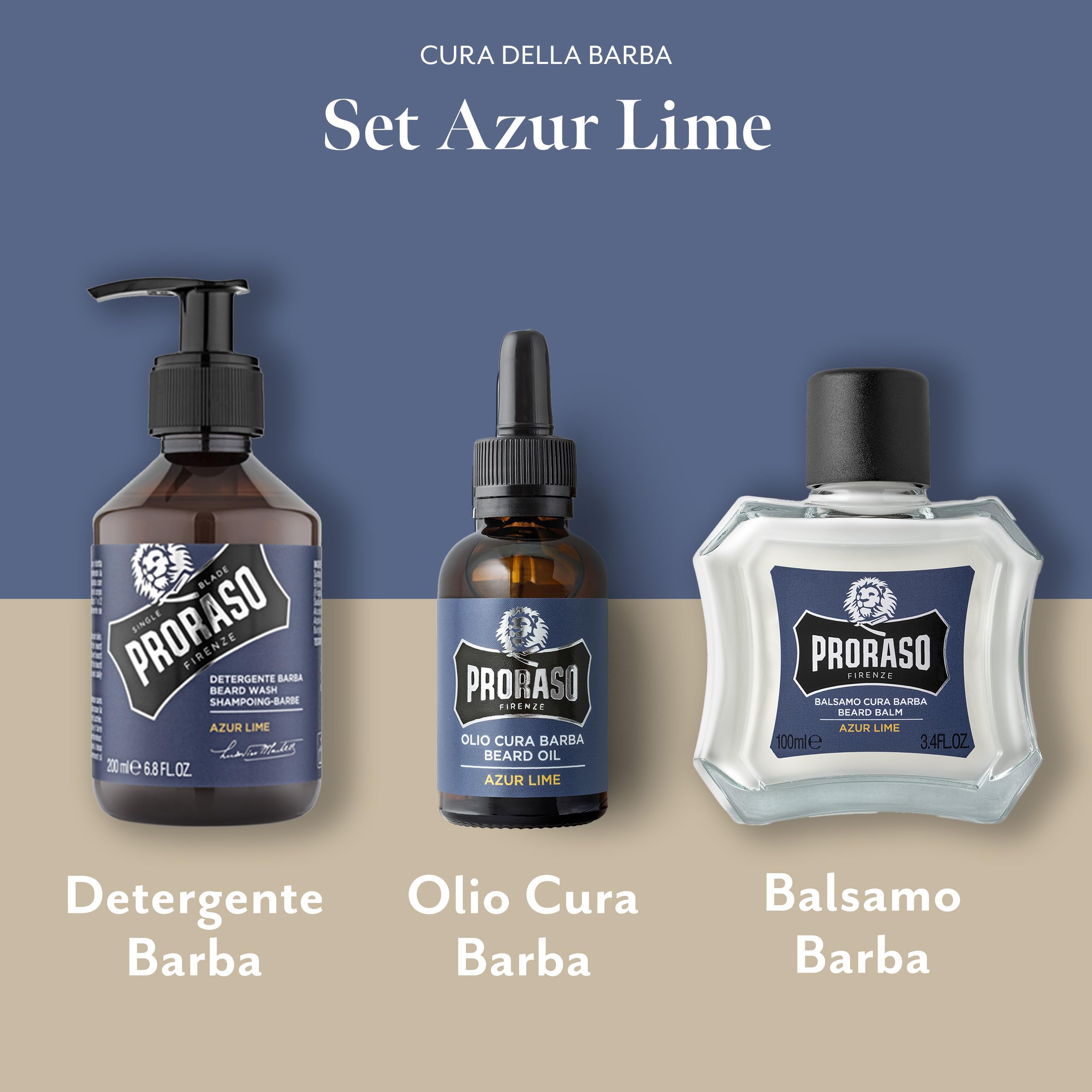 Proraso Set Barba Azur Lime, Set regalo uomo con Detergente Barba 200 ml, Olio Cura Barba 30 ml e Balsamo Cura Barba 100 ml, Cofanetto regalo uomo per la barba, Set regalo natale Made in Italy