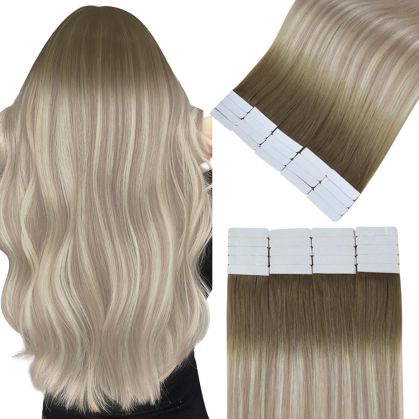Easyouth Tape in Extensions Human Hair Balayage Tape in Hair Extensions Real Human Hair Light Brown Balayage Ash Blonde with Brown Human Hair Tapes in