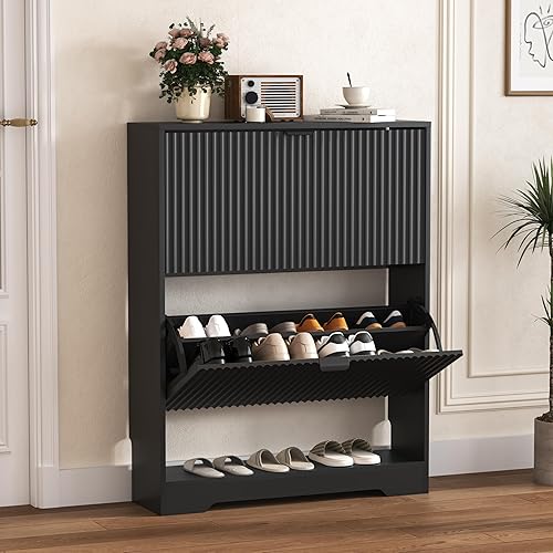 Armario de zapatos para entrada con 2 cajones abatibles, armario de zapatos acanalado negro con almacenamiento abierto, zapatero oculto de madera