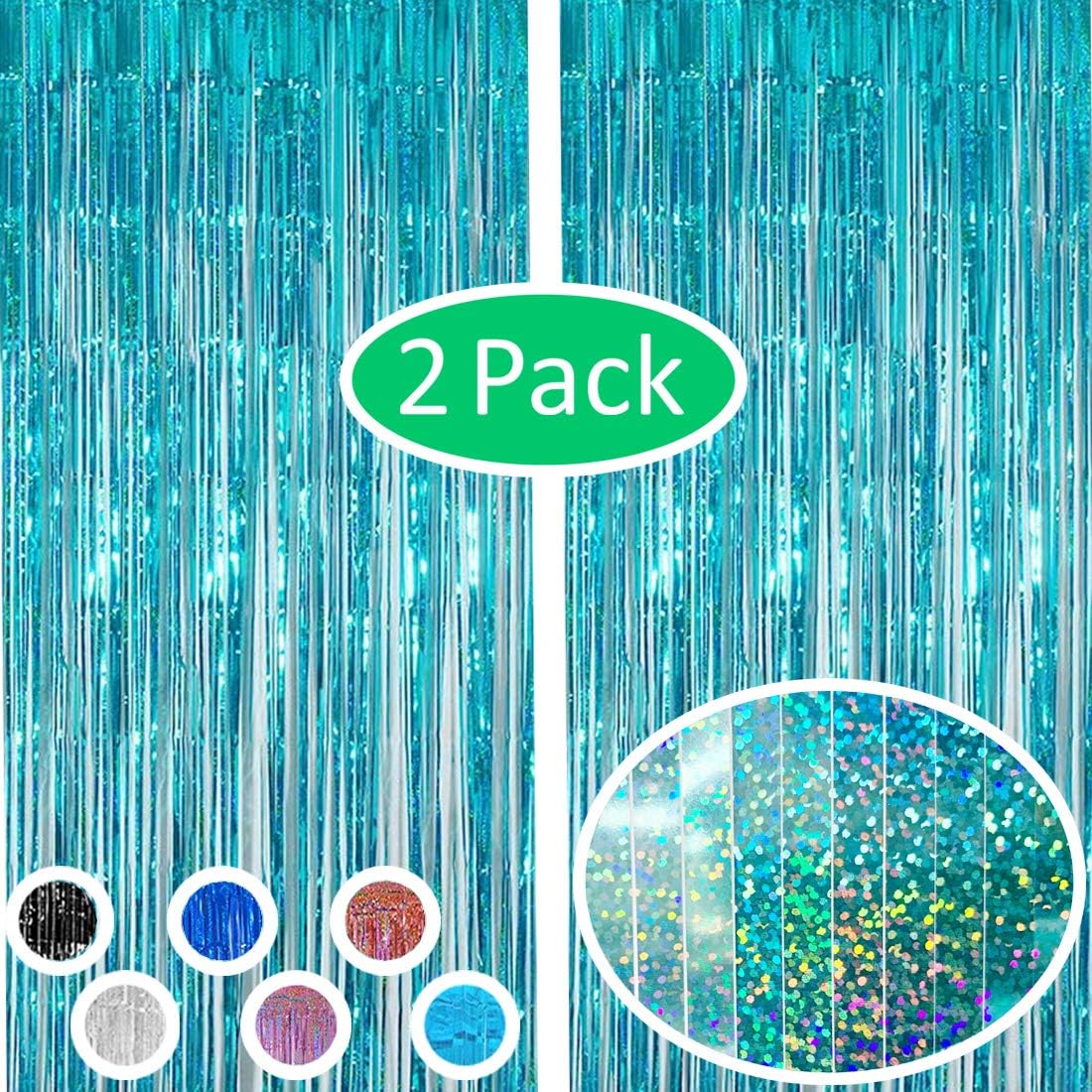 Vanujoy Iridescent Teal Blue Foil Fringe Backdrop Curtains Party Decoration - 2 Pack Tinsel Party Door Wall Curtain for Birthday Bachelorette Party Engagement Bridal Shower Baby Shower Graduation