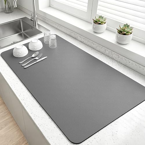 LOPNUR Extra Large Dish Drying Mat for Kitchen Counter, 31.5'x17', Grey | Coffee Mat and Dish Drying Pad with Super Abso
