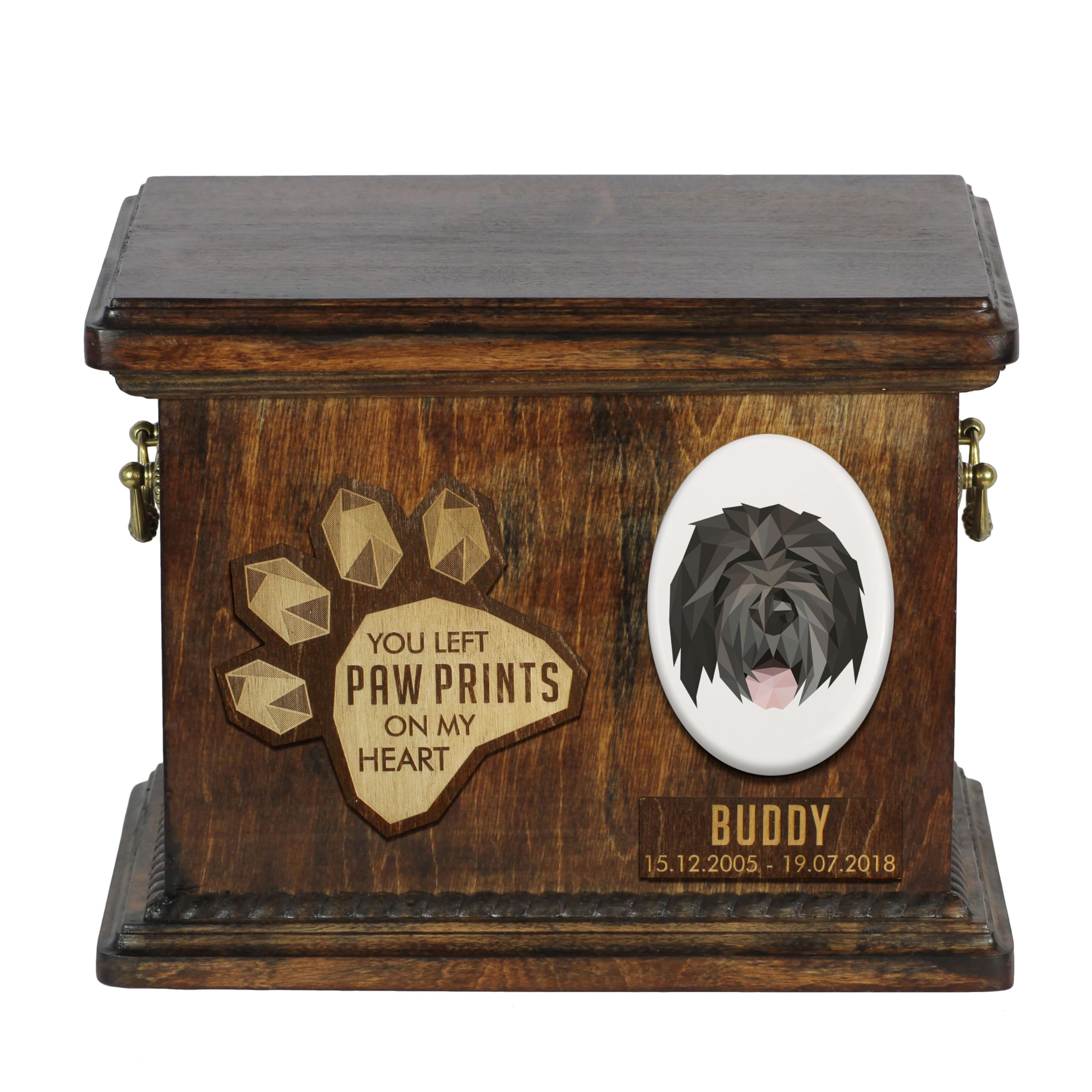 Art-Dog Custom Geometric Dog Memorial Urn - Handmade Wooden Urn – Decorative Ceramic Plate - Custom-made Dog Cremation Box for Ashes - 8,3x11,4x8,7” – Black Russian Terrier — image 1