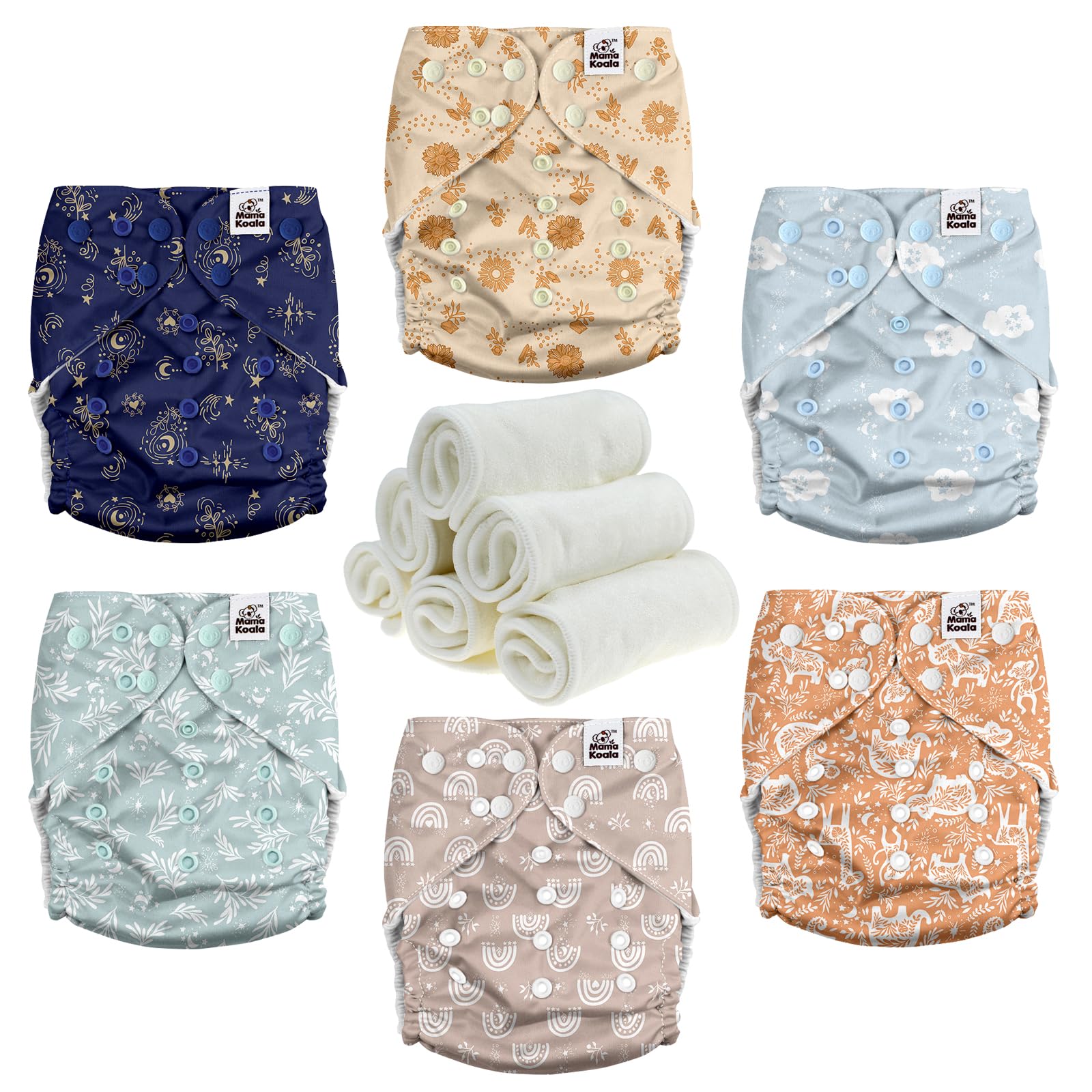 Mama Koala 3.0 Cloth Diapers for Babies with Suede Cloth Lining, 6 Pack with 6 Natural Cloth Diaper Inserts - Reusable and Washable Pocket Diapers (S-Cabin Vibes)