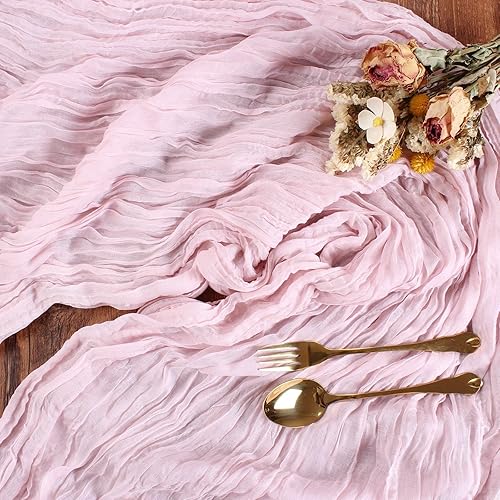Miniatura 4 de SAJOO Camino de mesa de gasa rosa de 10 pies, estilo bohemio, rústico, transparente, de 120 pulgadas, decoración de mesa de gasa para boda, novia,