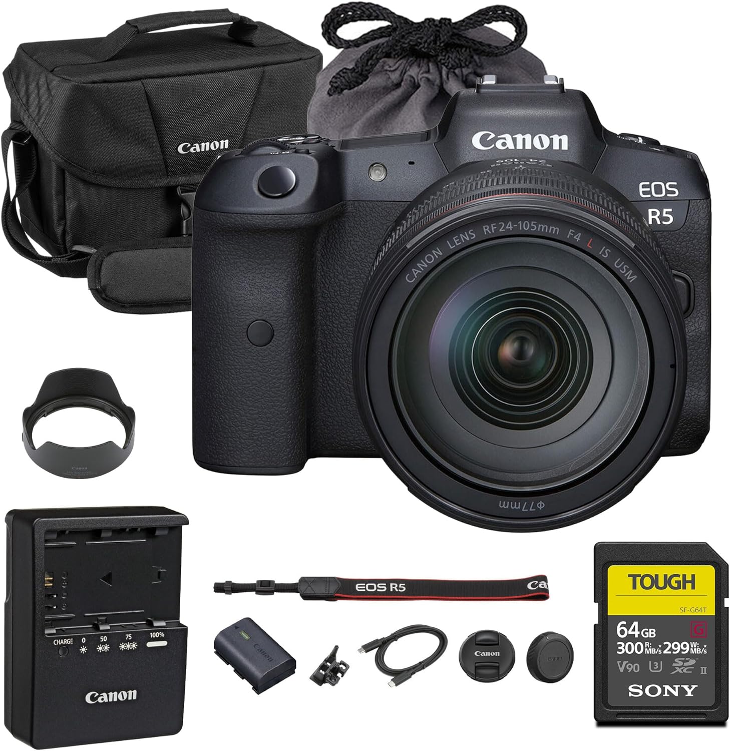 Canon EOS R5 Mirrorless Camera with 24-105mm f/4 Lens | Ultimate Hybrid Power for Creators Who Do It All (4147C013) + 64GB Memory Card + Canon Shoulder Bag