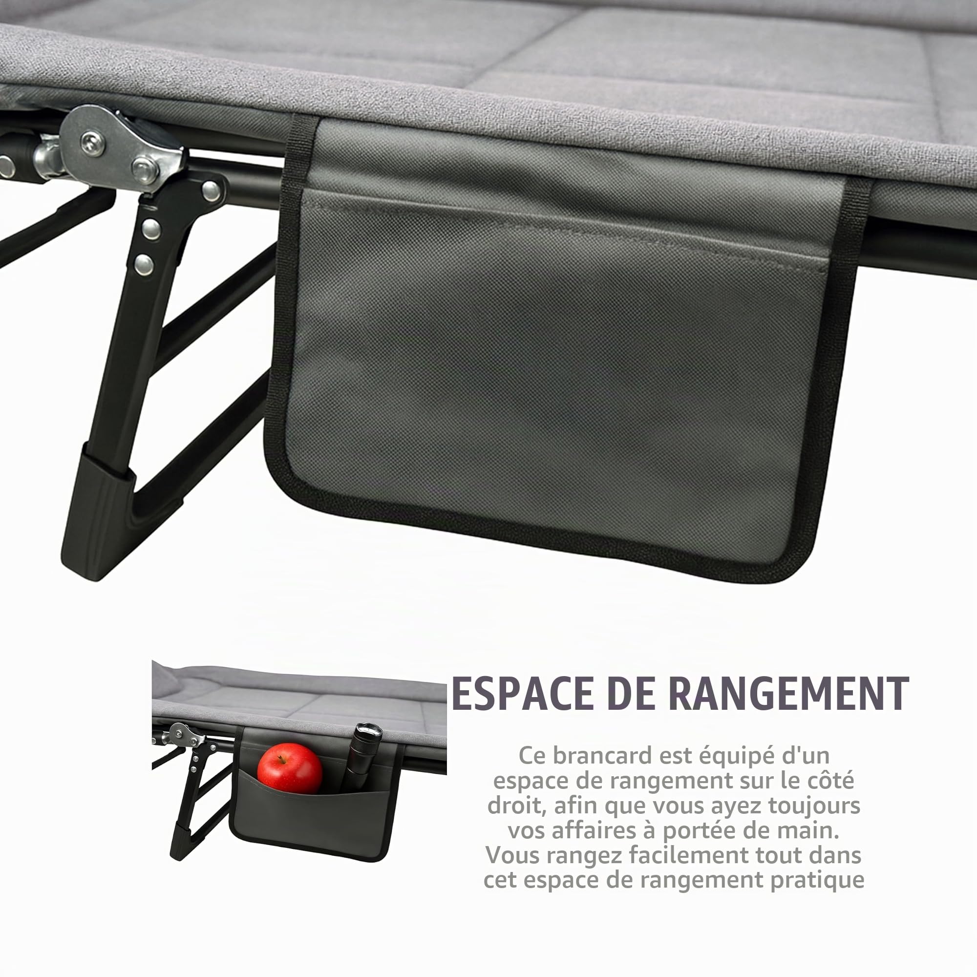 Bedchair Carpe - Lit de Pêche à la Carpe 8 Pieds - Dossier Réglable 5 Positions - Poche Latérale - Appui-tête Rembourré - 195x65x27 cm