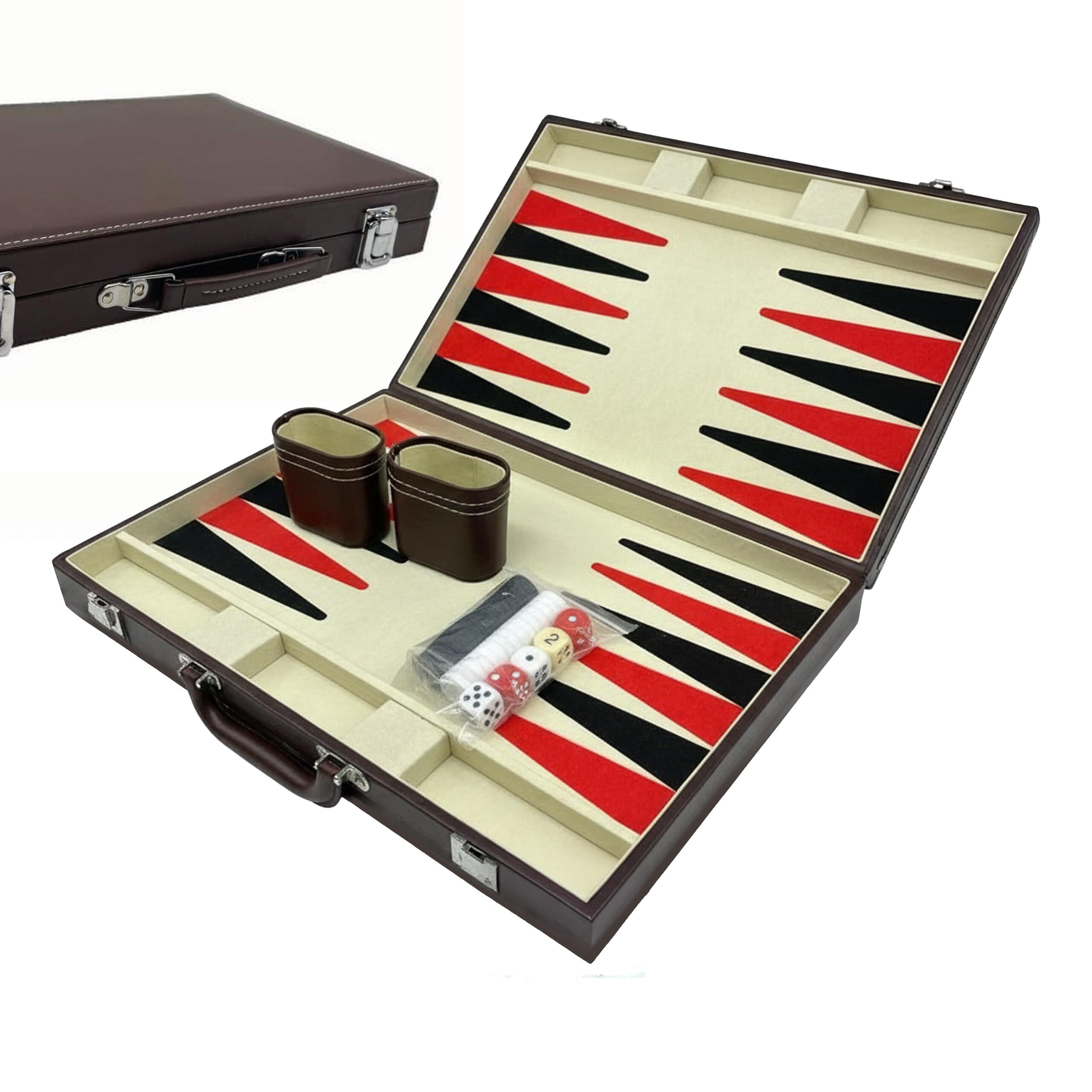 Relaxdays Backgammon Koffer, mit Zubehör, HxBxT: 5,5 x 36 x 23,5 cm, Elegante Lederoptik, Brettspiel, Würfelspiel, braun
