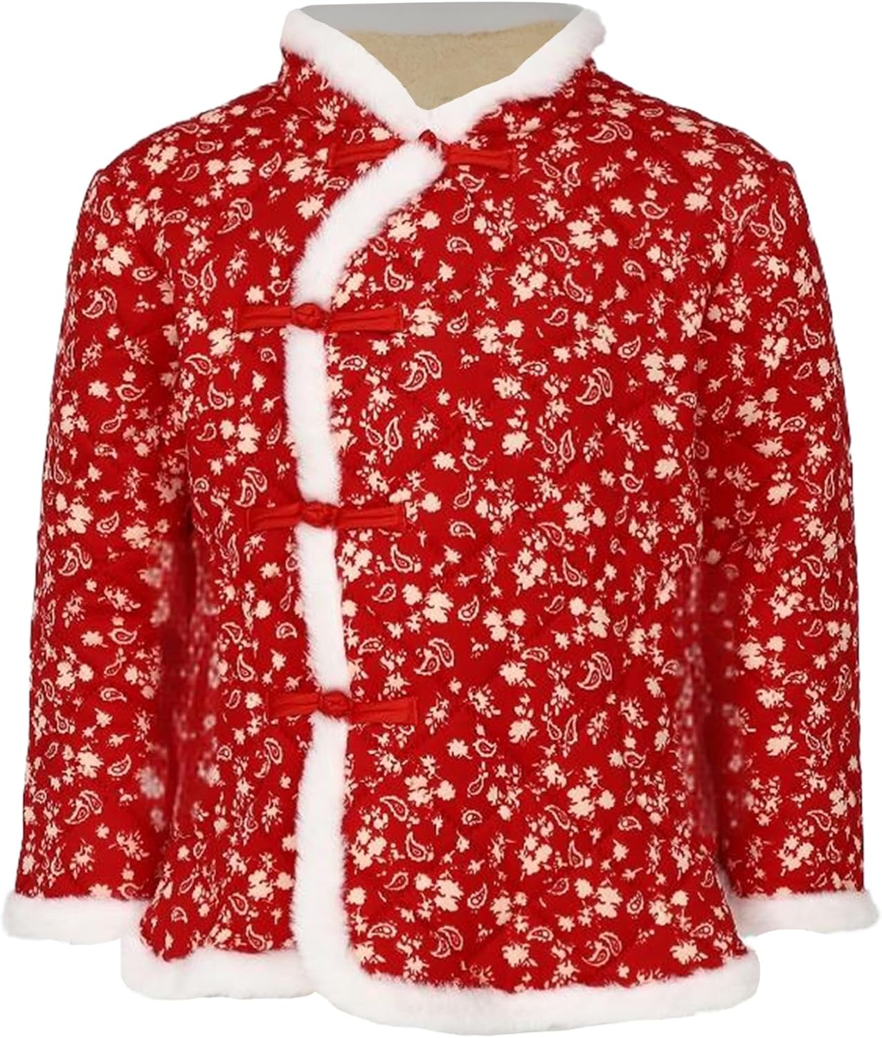 TTAO Girls Floral Print Coat Chinese Style Long Sleeve Jacket Thick Fleece Winter Wear with Buttons