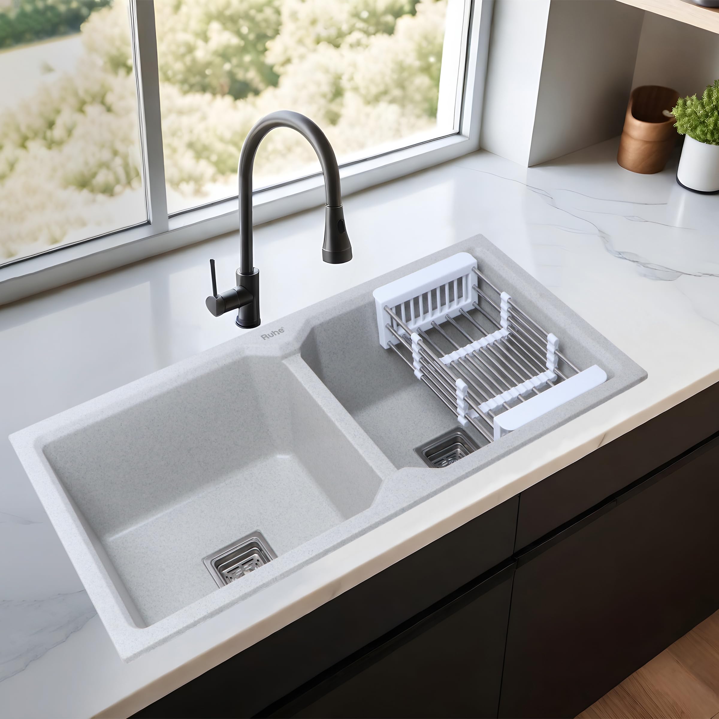 Ruhe Quartz Double Bowl 37X18X9 Inches Kitchen Matt Finish Sink|Sand Pluto Non-Fading Colour With Uv Protection|Natural Stone Quartz/Granite Sink With Sink Coupling (B0BX49DBB8) Amazon Price History, Amazon Price Tracker