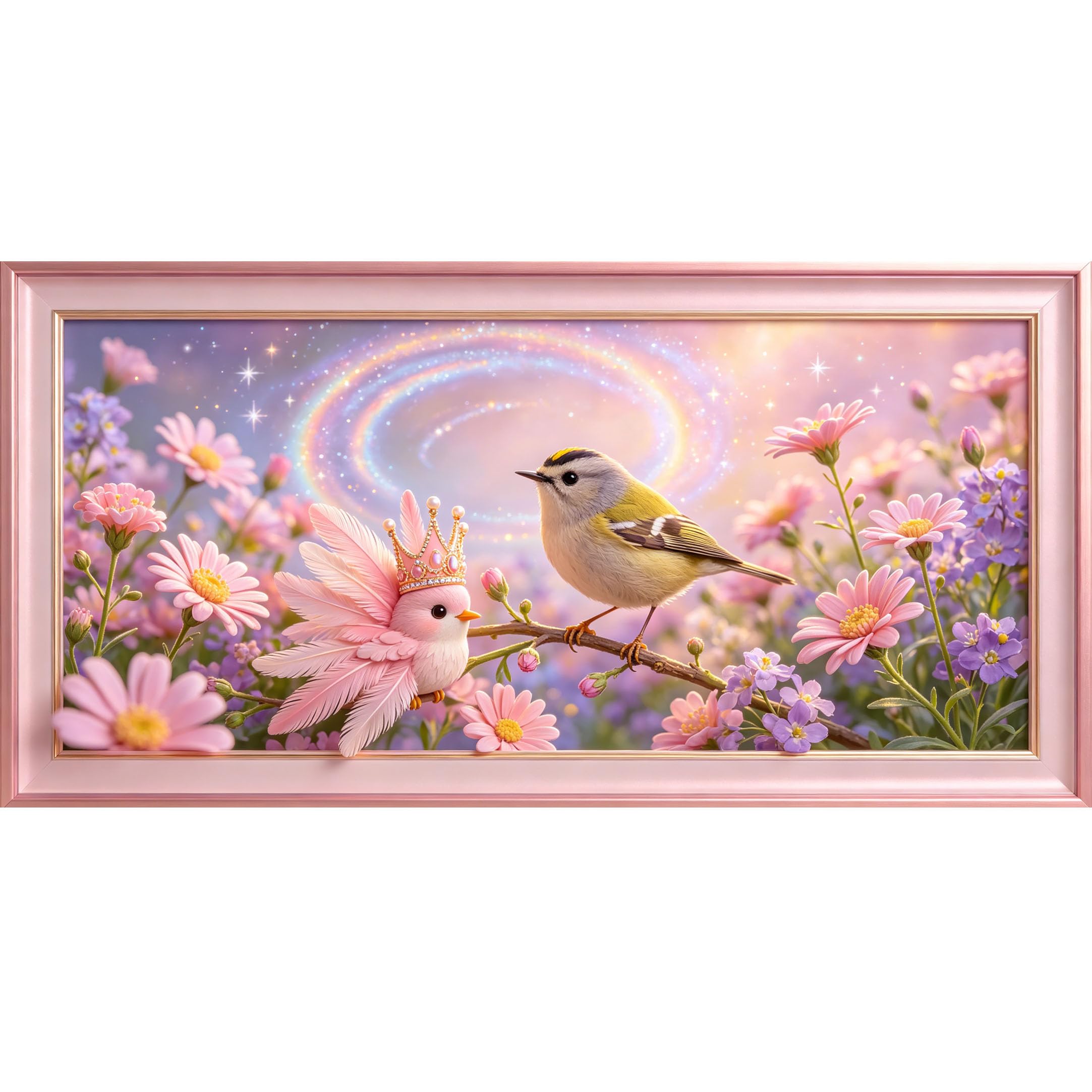 Agglomerix 3D Framed Wall Art Pink Birds and Daisies Fantasy Floral Botanical Watercolor Large Size Self-Adhesive Removable Wall Decor Prints Artwork for Living Room Bedroom Office