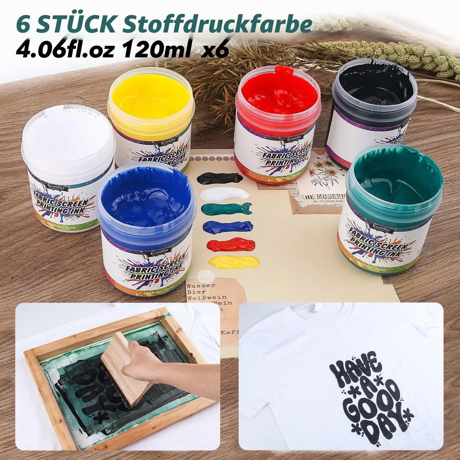 Ecoofor 49-teiliges All-in-One-Siebdruck-Set mit Holz-Siebdruckrahmen in 3 Größen, 6 Farben Siebdruckfarbe, 10 A4-Tintenstrahl-Transparenzfolien