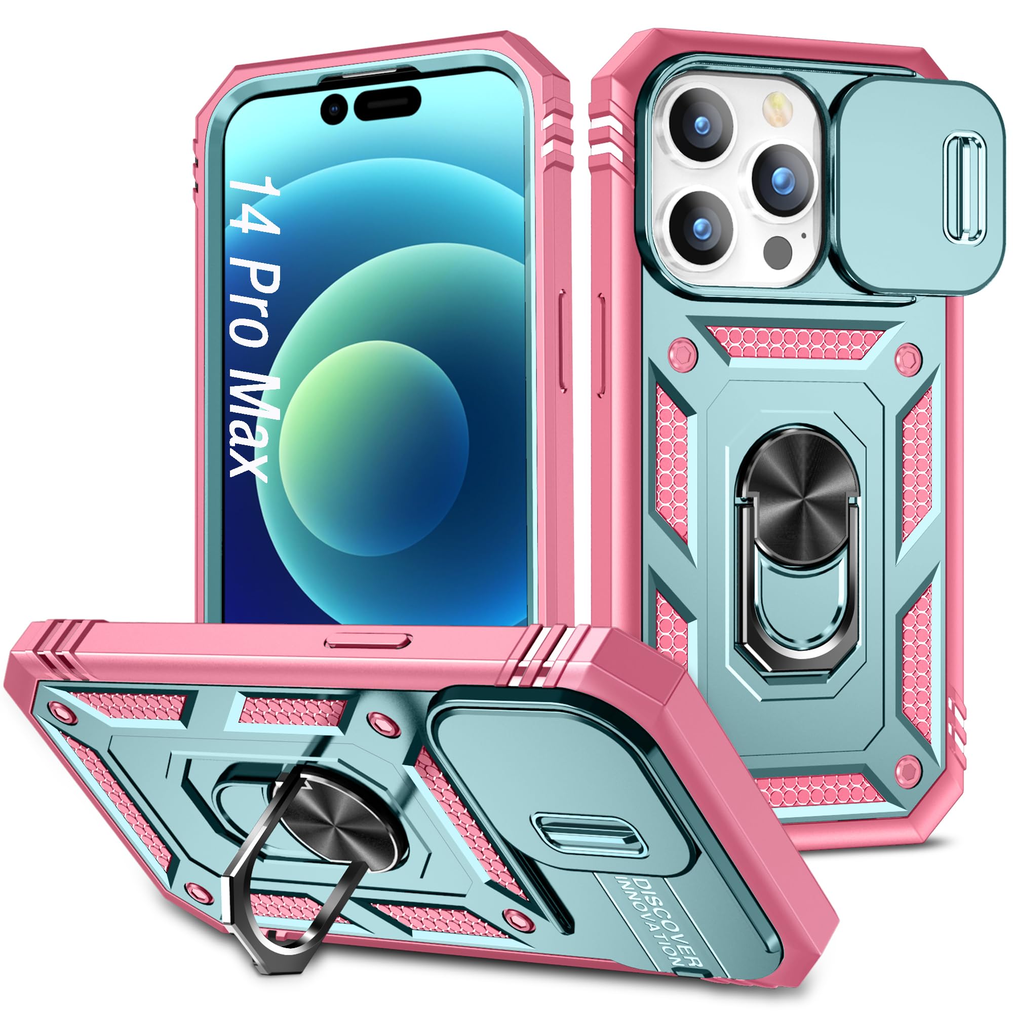 DAWEIXEAU Case for iPhone 14 Pro Max, Shockproof Impact Resistant with Slide Lens Protective Cover Case for iPhone 14 Pro Max 6.7 inch (Pink Green)
