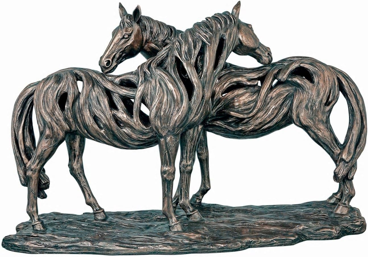 F&G Supplies 'Alliance' Stunning driftwood style large bronze pair of horses embracing equestrian sculpture ornament - 58cm long
