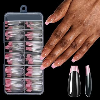 French Tips Press on Nail Coffin Medium Soft Gel False Nail 12 Sizes Full Cover Acrylic Fake Nail Press on Pink & Clear Fake Nails Extensions with case