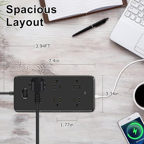 Miniatura 4 de Regletas de alimentación con protección contra sobretensiones, cable de extensión con múltiples tomas de corriente (9 CA + 4 USB), 1250 W10 A,