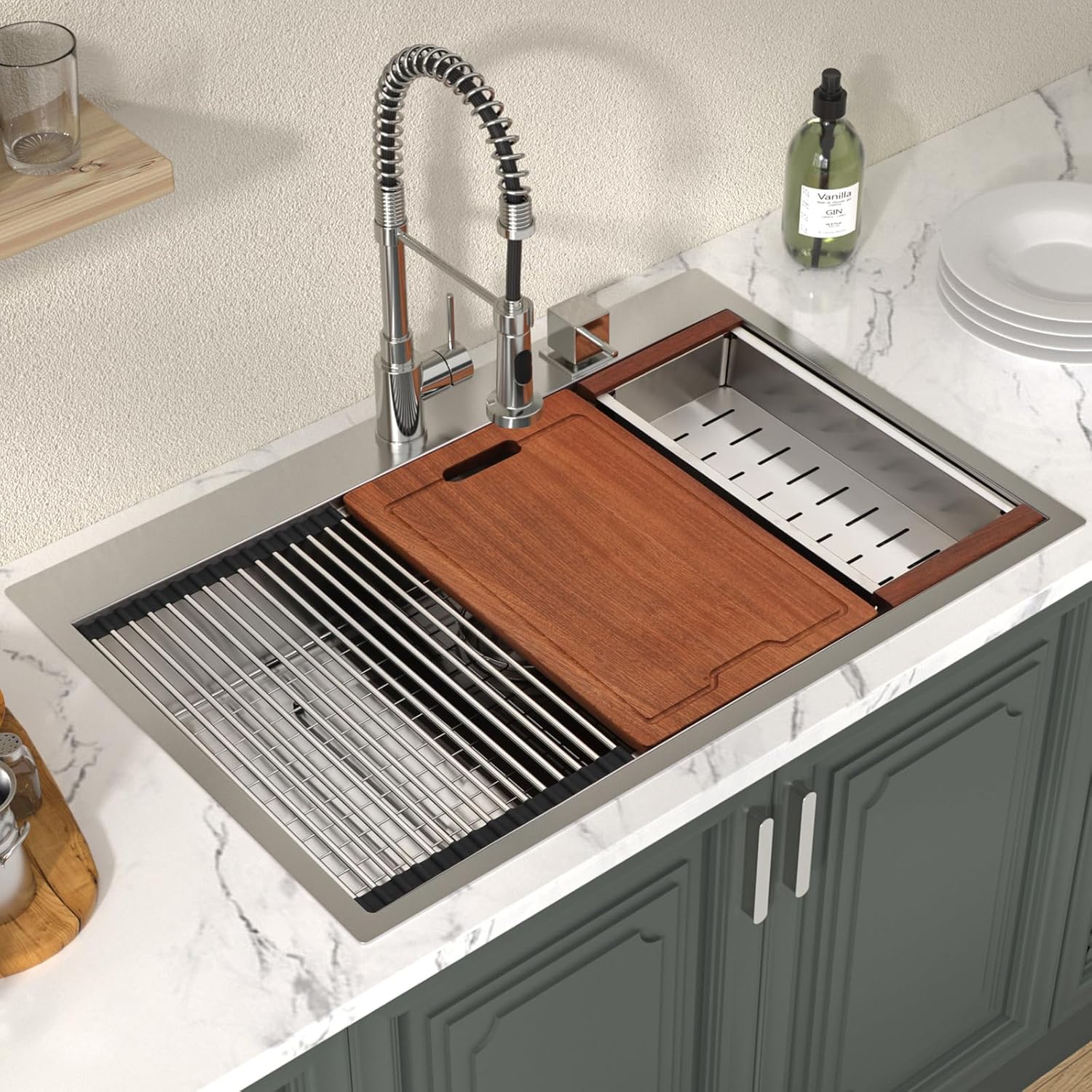 Lordear 33 Drop In Kitchen Sink Workstation - 33x22 Kitchen Sinks Drop In Stainless Steel 16 Gauge Single Bowl Handmade Topmount Sink with Cutting Board