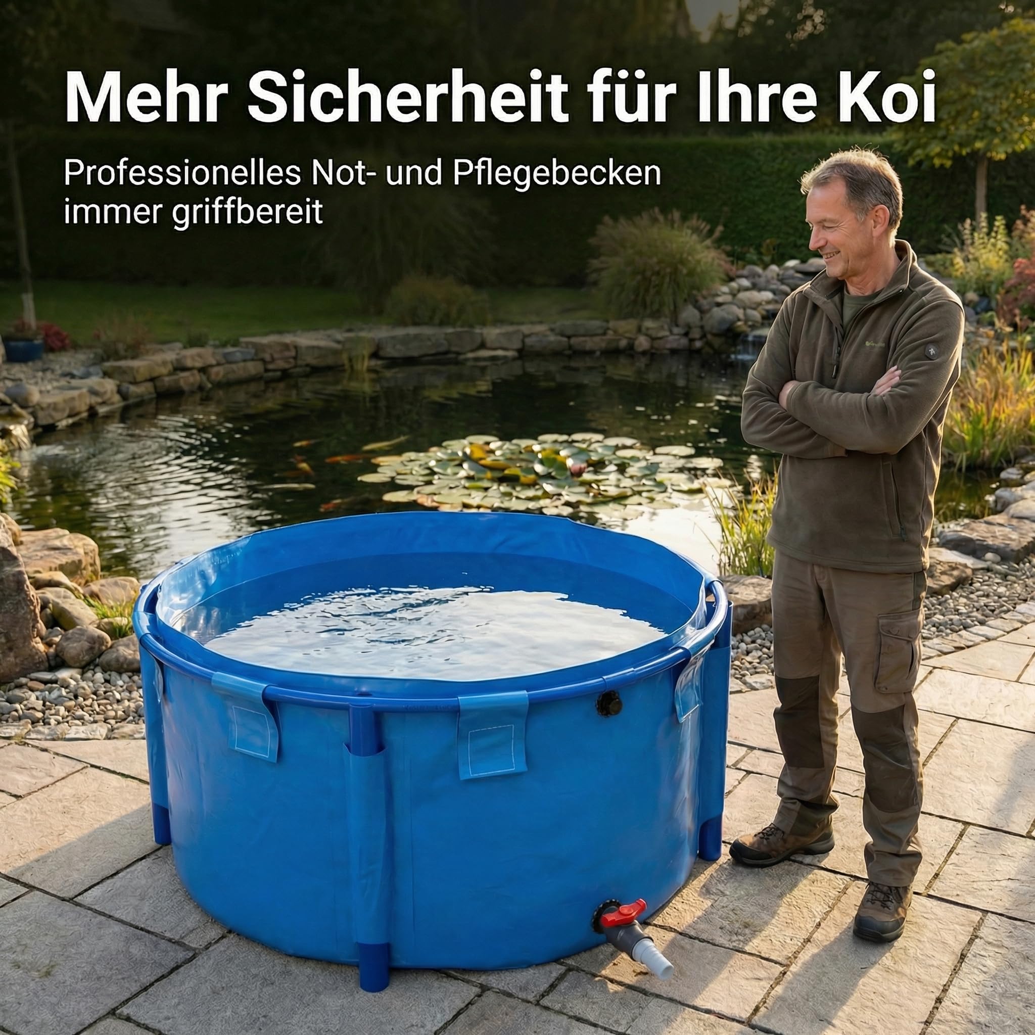 Pondlife Faltbecken für Koi 1500 Liter Ø 180 cm x H 60 cm UV-beständige gewebeverstärkte PVC-Folie randstabil mit Stützbeinen faltbar