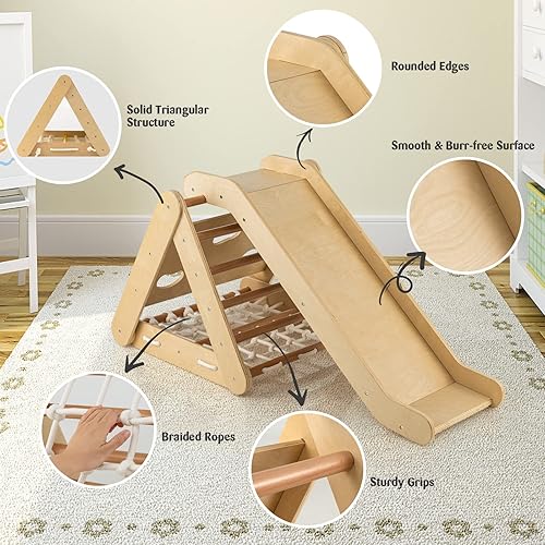 Miniatura 8 de GLACER Triángulo de escalada 4 en 1 con rampa, juego de juguetes de escalada con pared de cuerda, escalera de escalada y escalera de escalada,