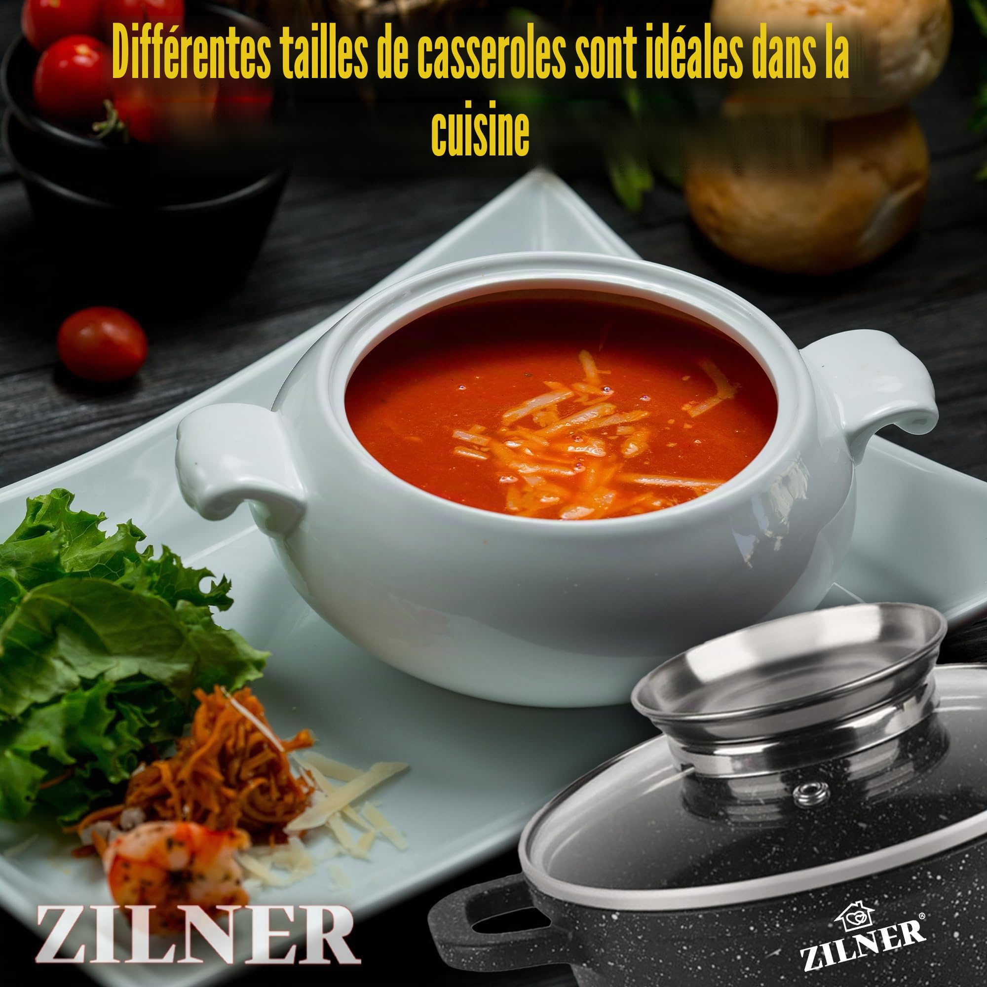 12 Casseroles, Revêtement Marbre-Céramique, Couvercles en Verre Noir