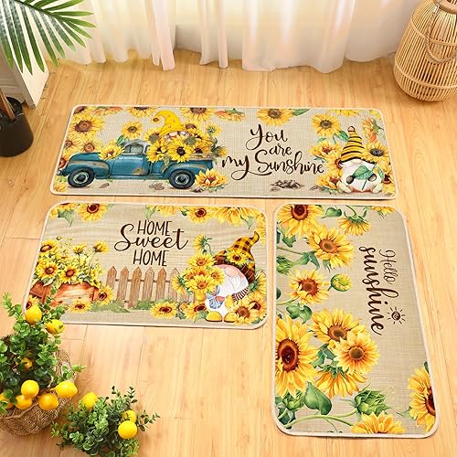 Miniatura 2 de Timgle 3 alfombras de cocina de girasol, diseño de gnomos, estilo retro, antideslizante, con estampado de cocina, lavable, cómoda, para el hogar,