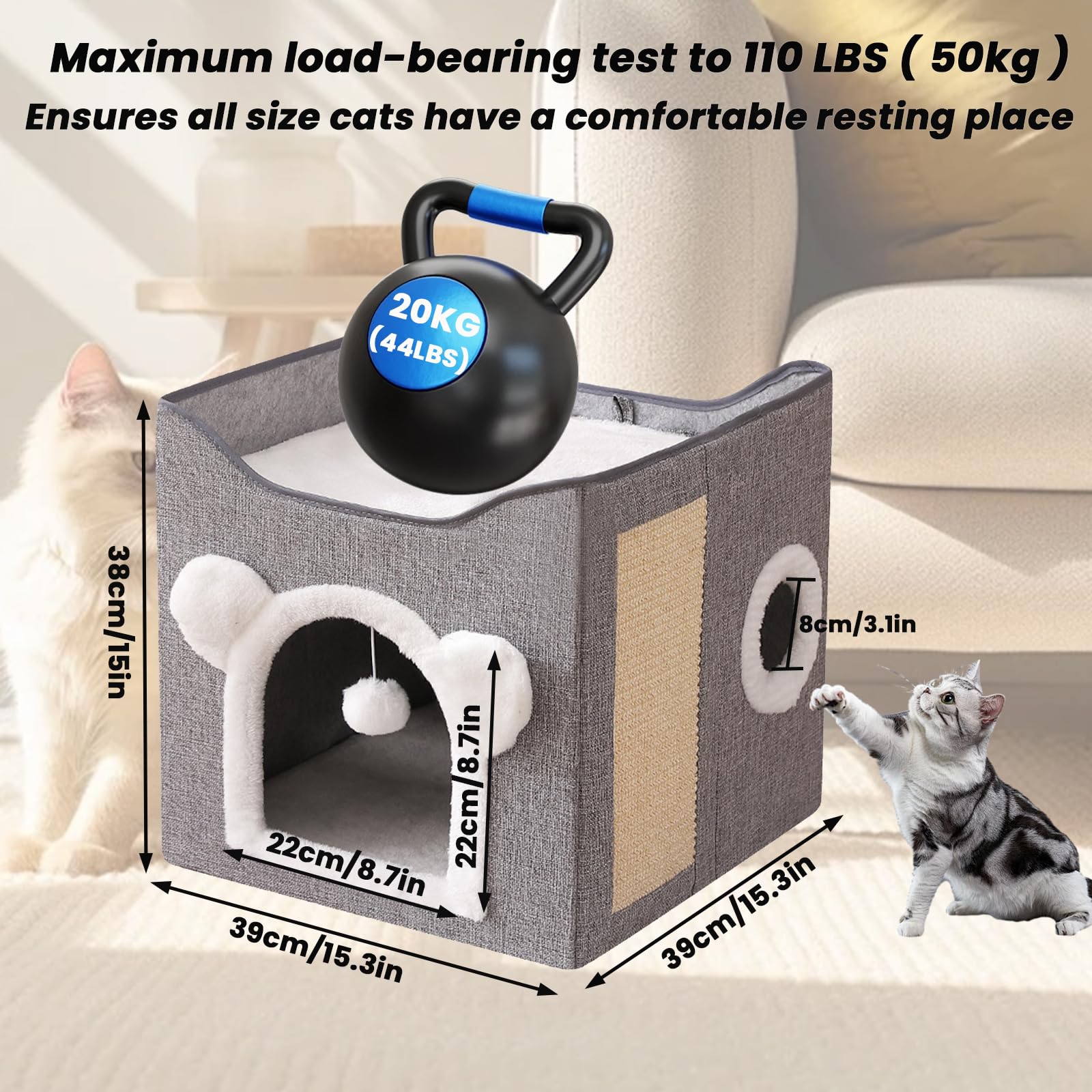 سرير قطط للقطط في الاماكن المغلقة، منزل قطط مكعب متعدد الوظائف مع لوح خدش للقطط وكرة منفوشة، سرير قطط كبير قابل للطي، 40 × 40 × 39 سم (رمادي)