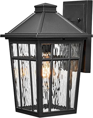 Luces de pared para exteriores, luces exteriores de 11 pulgadas para casa, luz frontal de aluminio negro con vidrio ondulado de agua para porche,