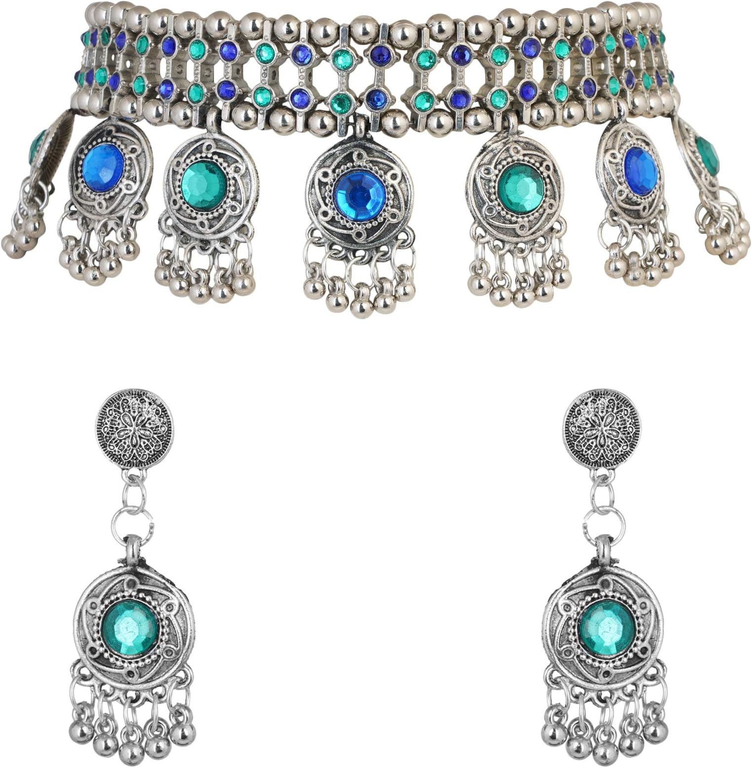 Jewellery Bollywood Ethnic Oxidised Silver Plated Traditional Indian Stone Choker Necklace Set with Earrings for Women
