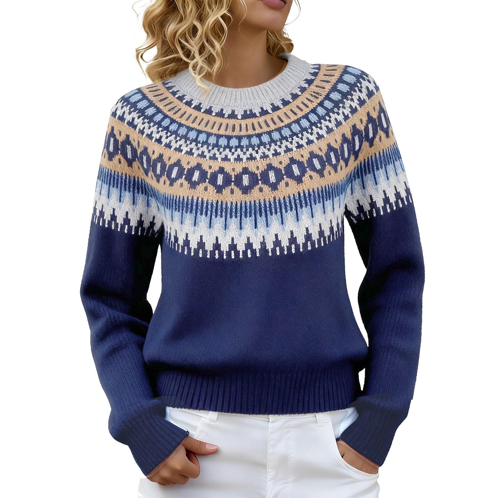 Fair Isle Sweaters Women Ladies Long Sleeve Round Neck Loose Knitted Sweater Autumn Winter Christmas Crochet Retro Outfits