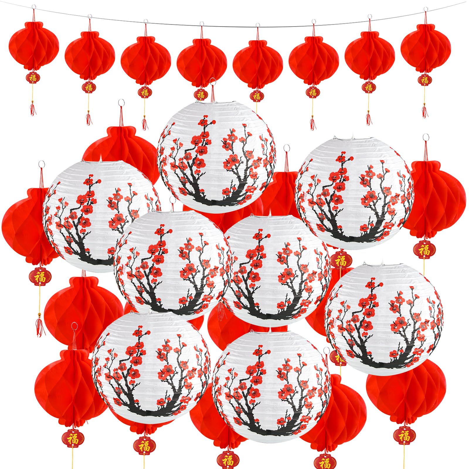30 Pack Chinese Japanese Paper Lanterns Decoration with 12 Inch Cherry Blossom Hanging Paper Lanterns Lamp 7.9 Inch Chinese Red Round Asian Sakura Party Favor for Spring Festival New Year Mid-Autumn