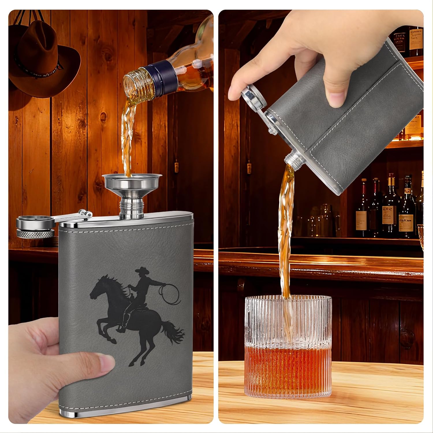 Stainless Steel Hip Flask with PU Leather Wrap - 8ozWhiskey Flask for Men with Stainless Steel Funnel, Leakproof Pocket Flask for Camping, Hiking, Outdoor, Gift for Dad & Groomsmen