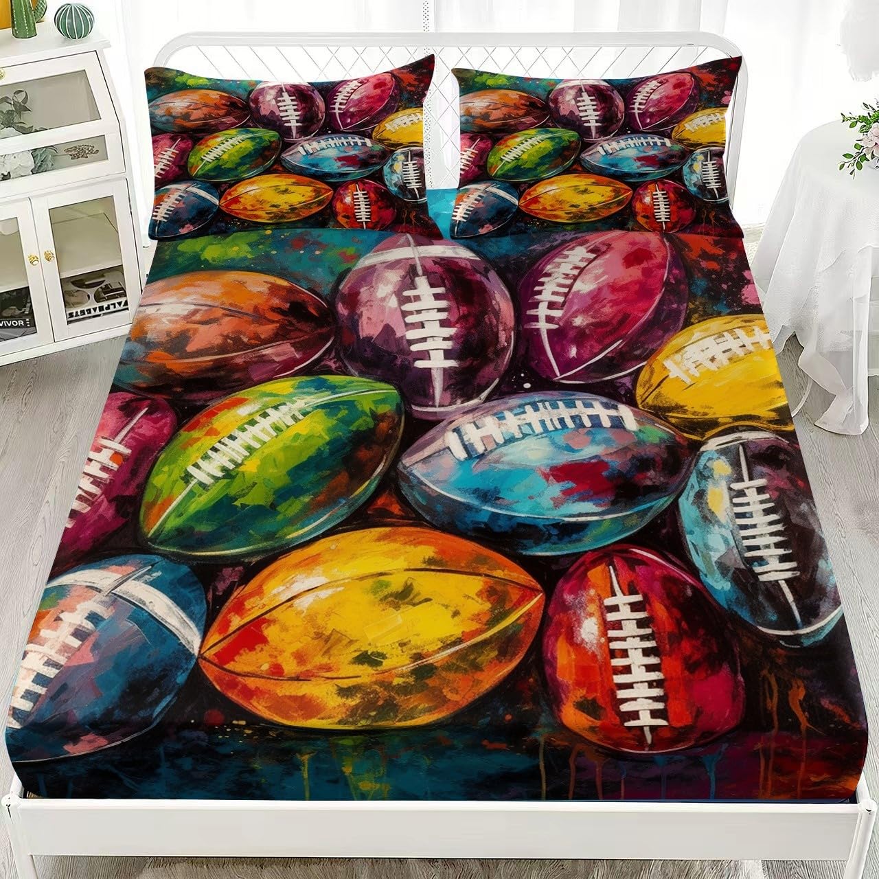 Respirable Sábanas Bajeras 200x200 cm Tema Deportivo De Rugby Ajustables Sábanas Bajeras Vistoso Suave Cómoda con Elástica Bolsillo Profundo 30 cm para 5-30 cm Grueso Colchón