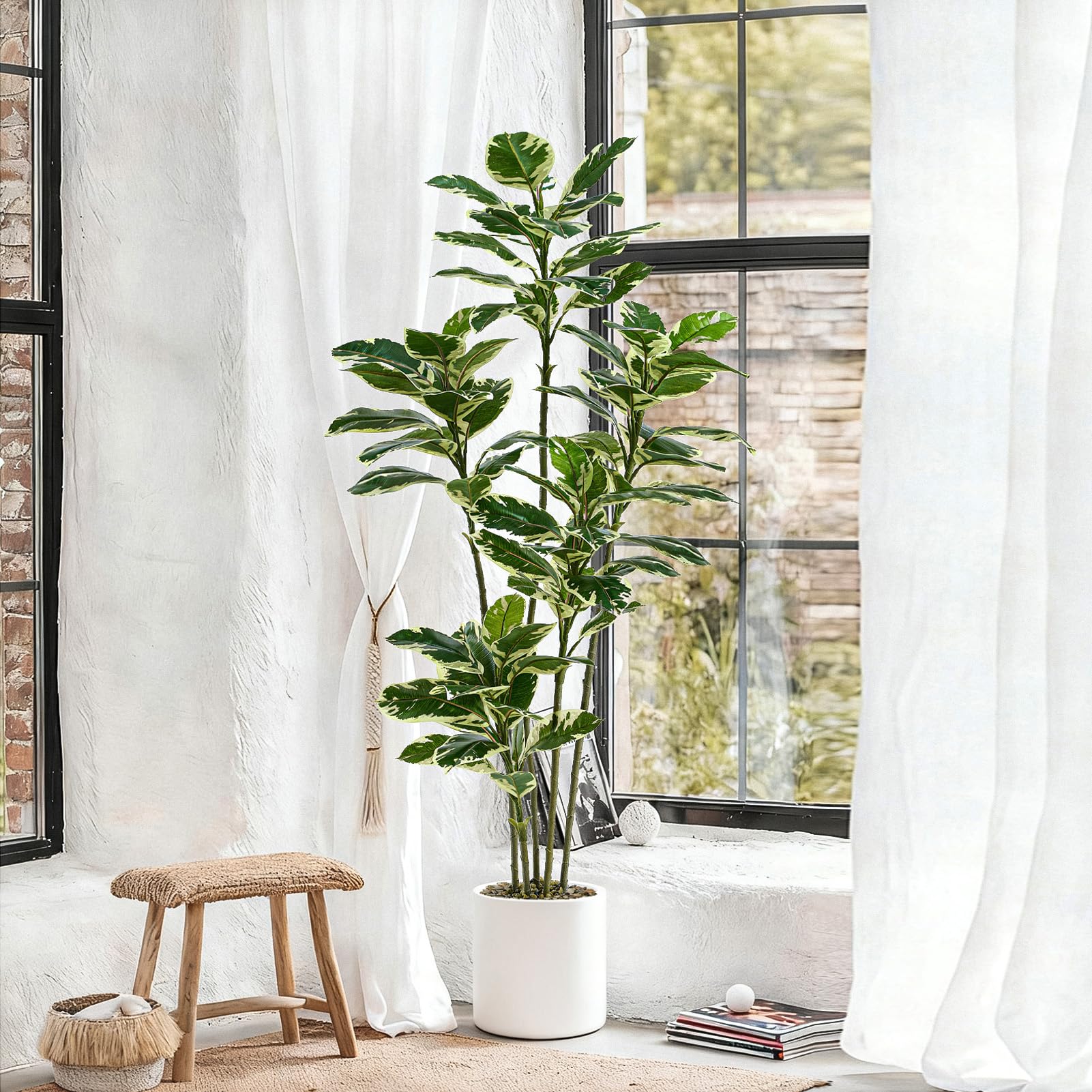 Künstliche Gummibaumpflanze, 180cm Kunstpflanzen Groß mit Weißen Topf | Künstliche Pflanzen Wie Echt, Zimmerpflanze Kunstbaum, Hohe Plastic Ficus für Wohnzimmer Schlafzimmer Büro Balkony Deko