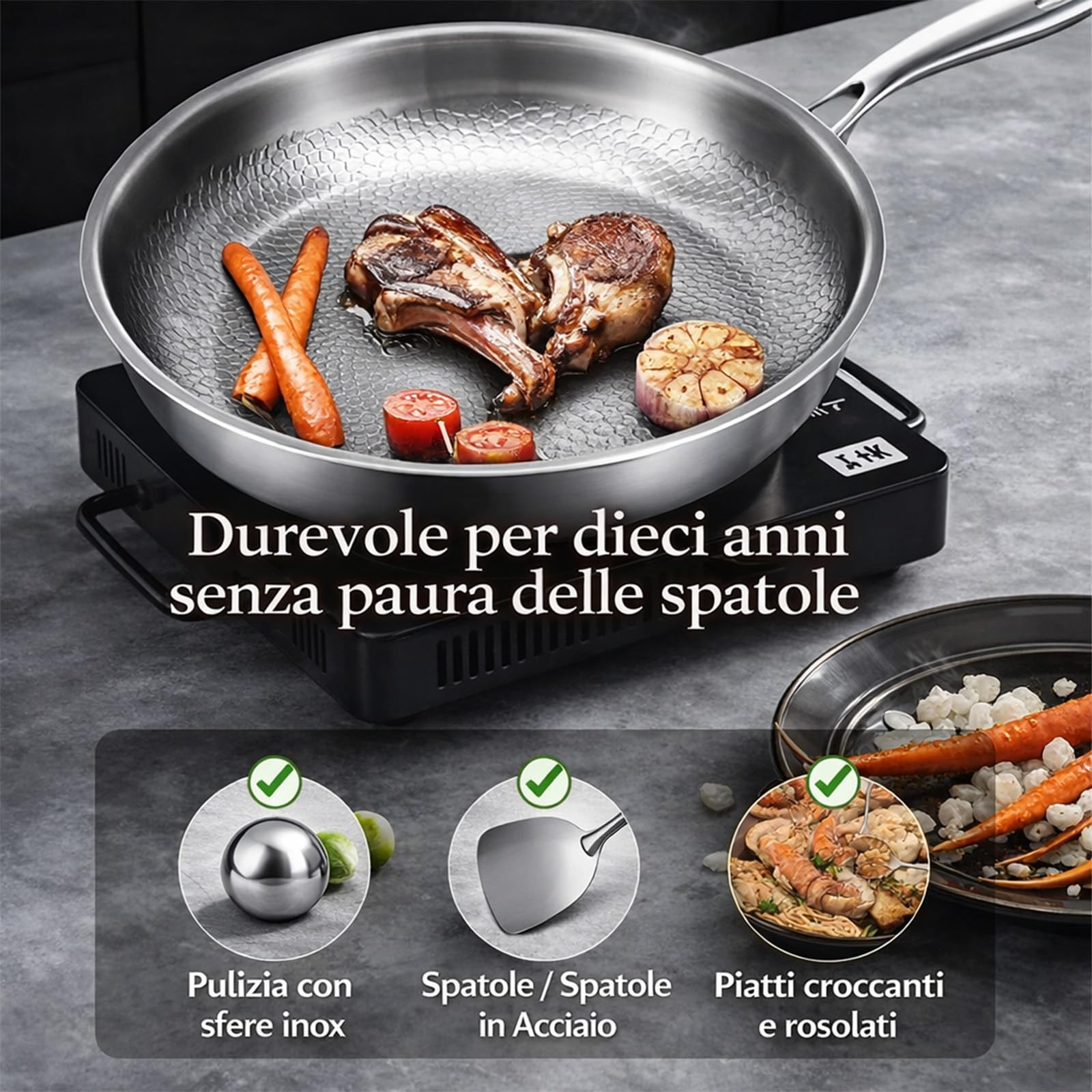 Generico Padella Titanio Puro, Padella in Titanio Titanium Pro Senza Rivestimento con Manico Rimovibile 20/24/26/28/30 cm, Compatibile Induzione Gas Elettrico (Senza Coperchio, 24 cm)