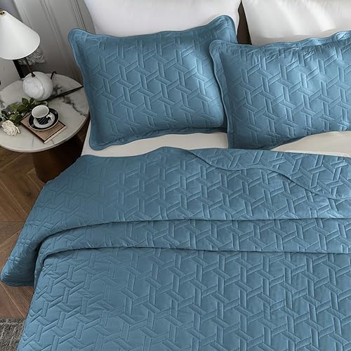 Miniatura 6 de Juego de edredón tamaño King de 3 piezas, colcha de verano suave y ligera, colcha reversible de microfibra para todas las estaciones, azul spa,