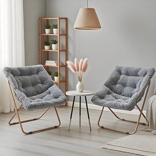 Miniatura 117 de Magshion Silla platillo plegable con otomana para adultos, cómodo asiento de lectura, asiento de piel sintética con marco de metal acolchado grueso