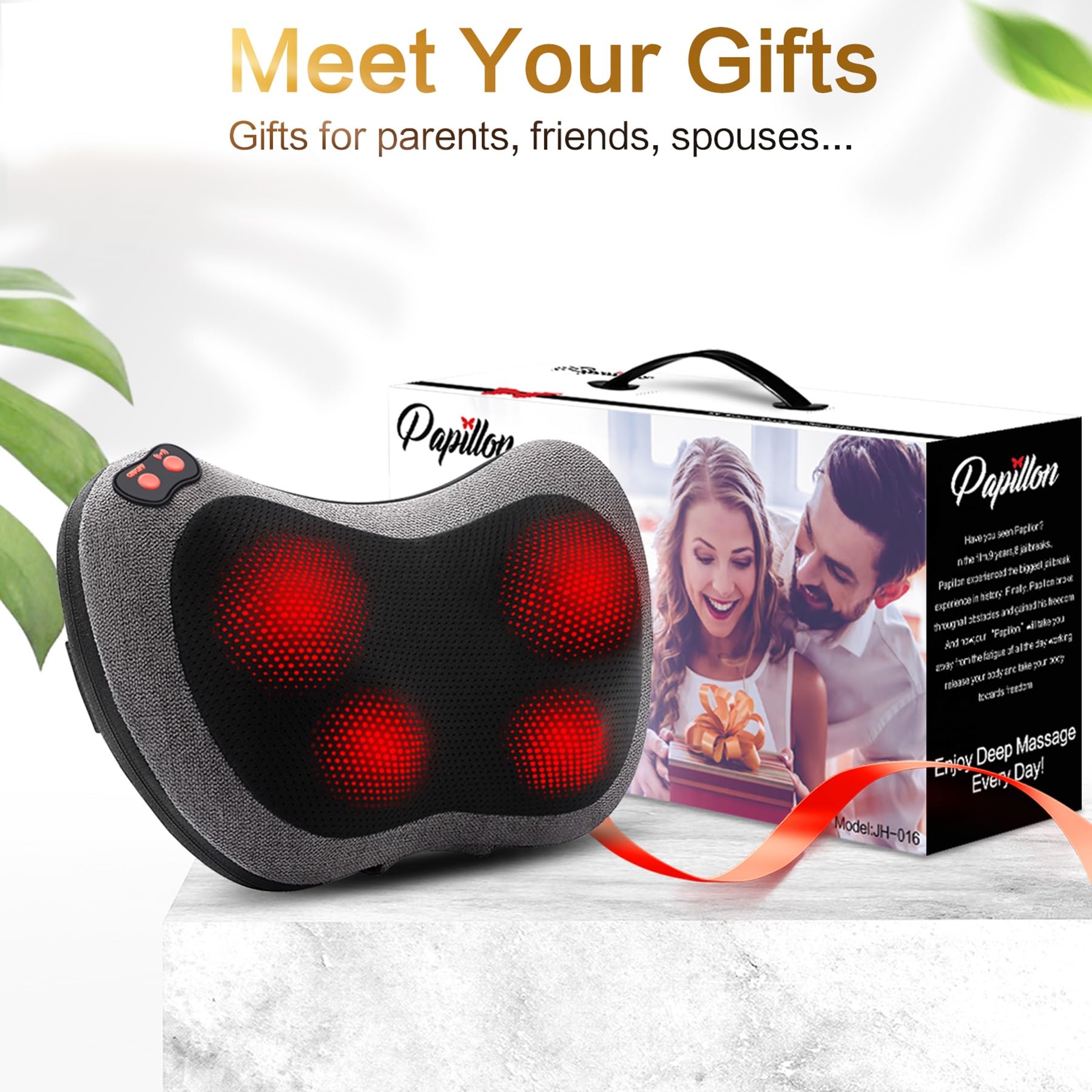 Papillon Masajeador de espalda con calor, masajeador de cuello Shiatsu con amasamiento de tejido profundo, almohada de masaje eléctrica para hombros, piernas, pies, alivio del dolor muscular corporal
