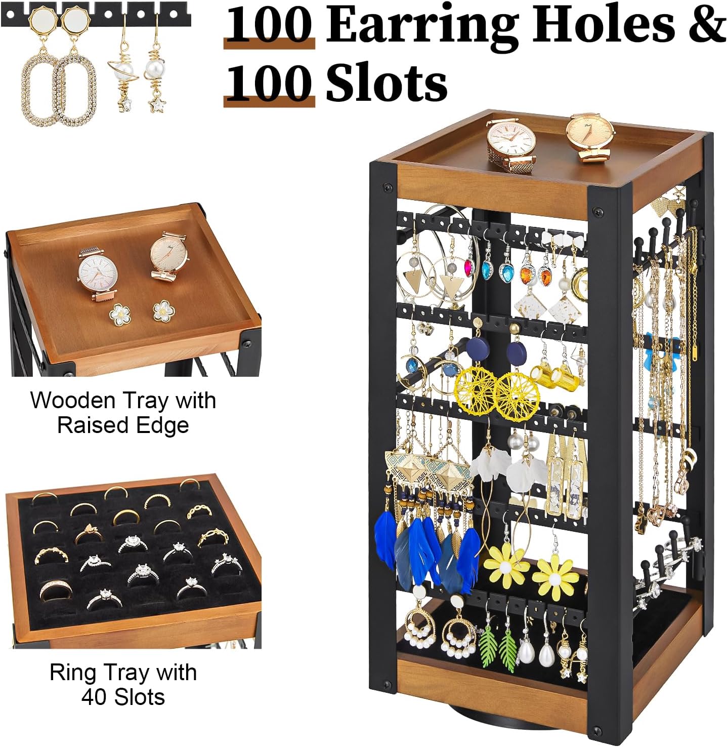 keomaisyto Rotating Earring Holder, Jewelry Holder Organizer with Ring Tray/Necklace/Bracelet Hooks, 360°Earring Organizer with Stable Bamboo Base for Jewelry Display (Patent Pending)
