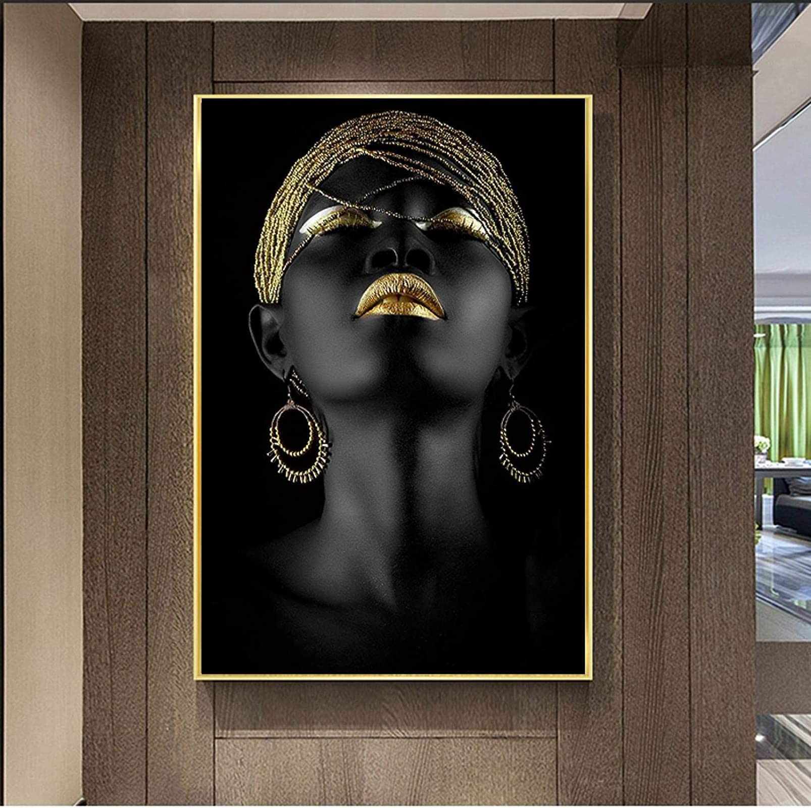 Leinwand Malerei Afrikanische Goldene Lippen Frau Bilder Kunstdruck für Wohnzimmer Schlafzimmer Wandbilder Deko Rahmenlos (80X120CM)