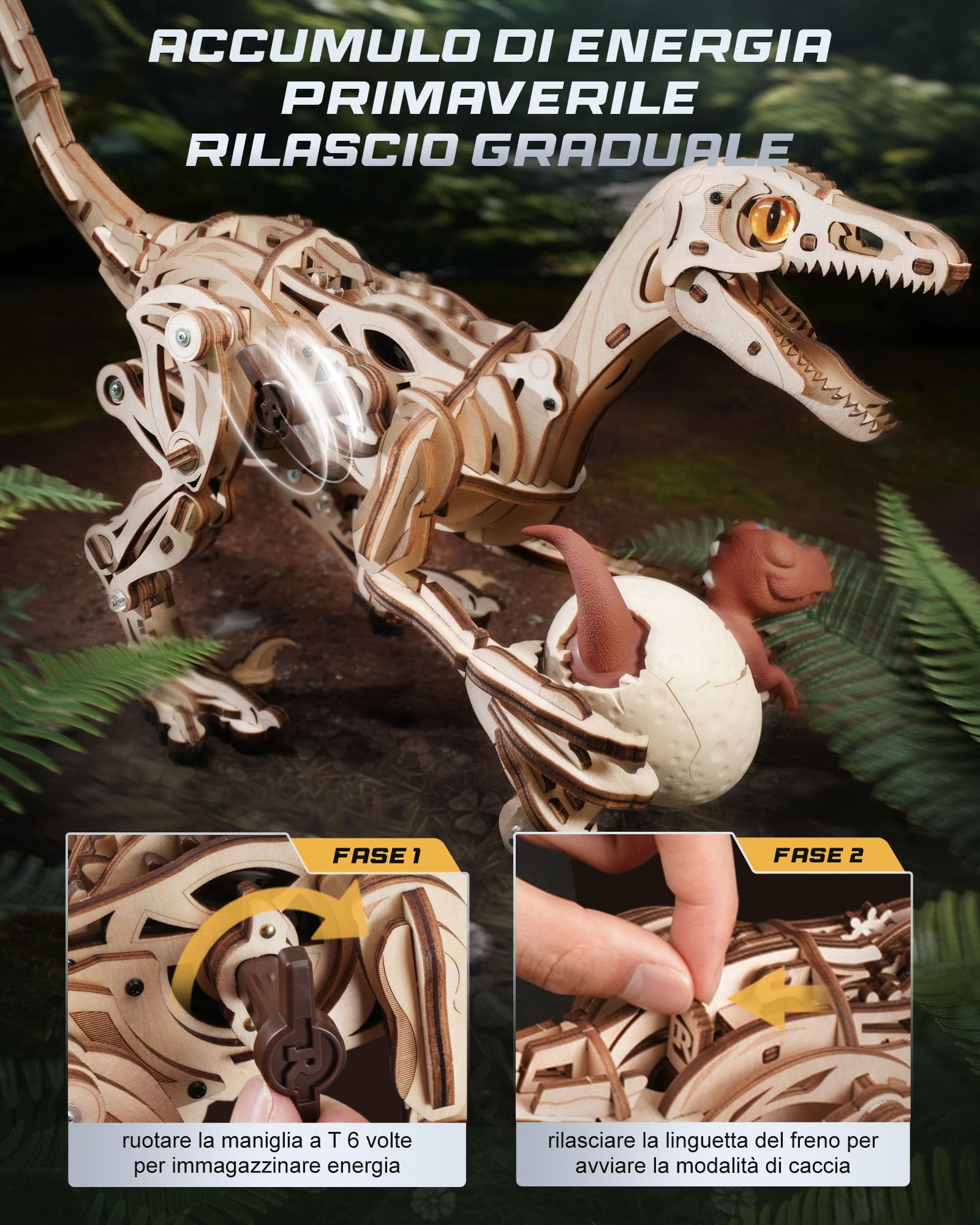 ROKR Puzzle 3D Legno Giocattoli a forma di dinosauro, Modellismo da Costruire Adulti Velociraptor, Puzzle 3D a Forma di Animale che Cammina, Regalo per Bambini e Adulti, Velociraptor, LD01