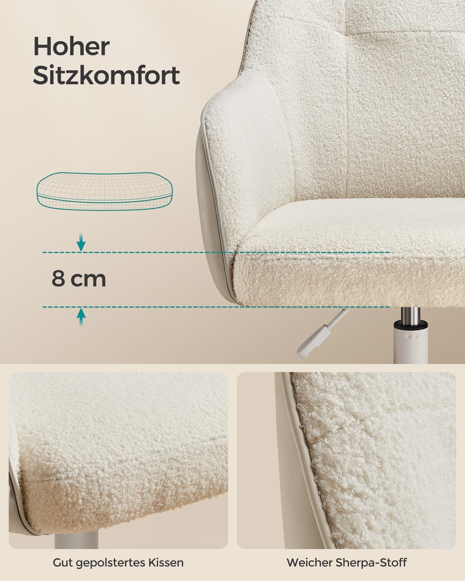 SONGMICS Drehstuhl Schreibtischstuhl höhenverstellbar 110 kg Sherpa-Stoff PU cappuccinobeige