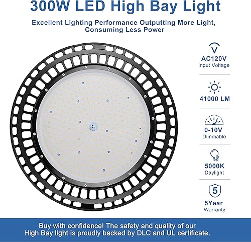 Miniatura 2 de Luz LED de alta bahía de 300 W (300 W, certificación UL&DLC, 41000 lúmenes, luces LED UFO de alta bahía regulables para almacén, luz diurna de 5000