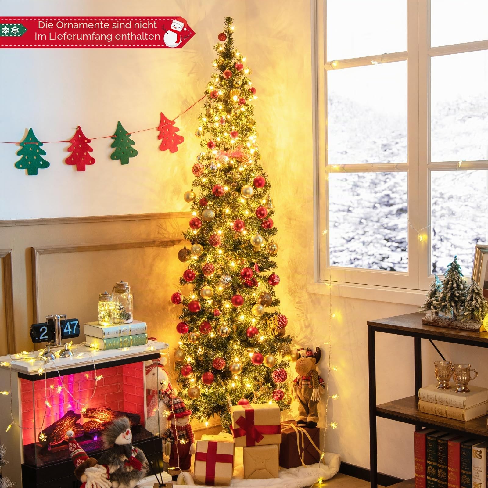 KOMFOTTEU Künstlicher Bleistiftbaum 210 cm mit 150 LED-Lichtern, Halber Weihnachtsbaum mit 403 Zweige & Metallständer, Christbaum Tannenbaum Weihnachtsdekoration für Haus Geschäfte Büro (450 Zweige)