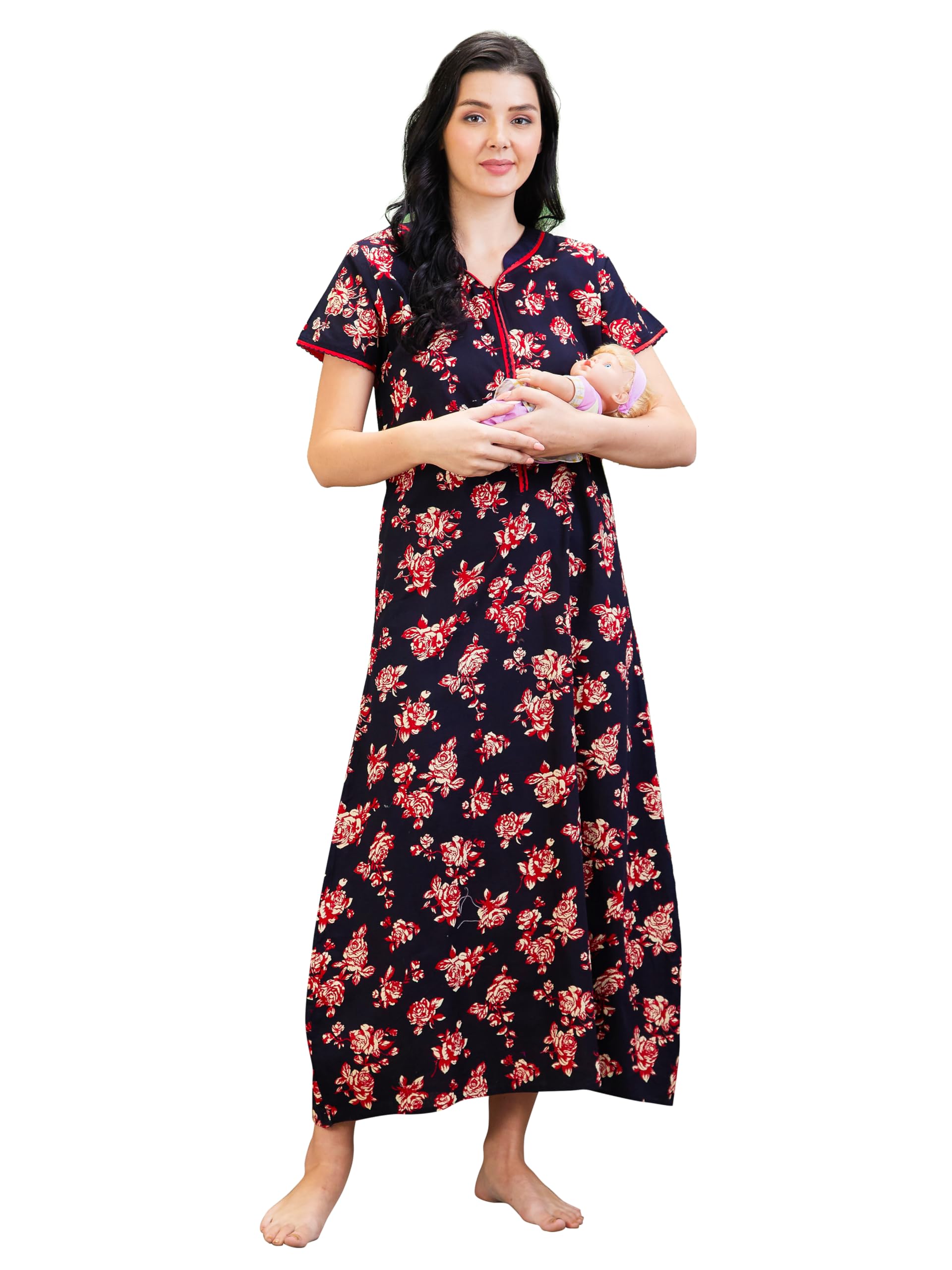 AV2 Women Cotton Printed Maternity Feeding Maxi Maternity Nighty 7203