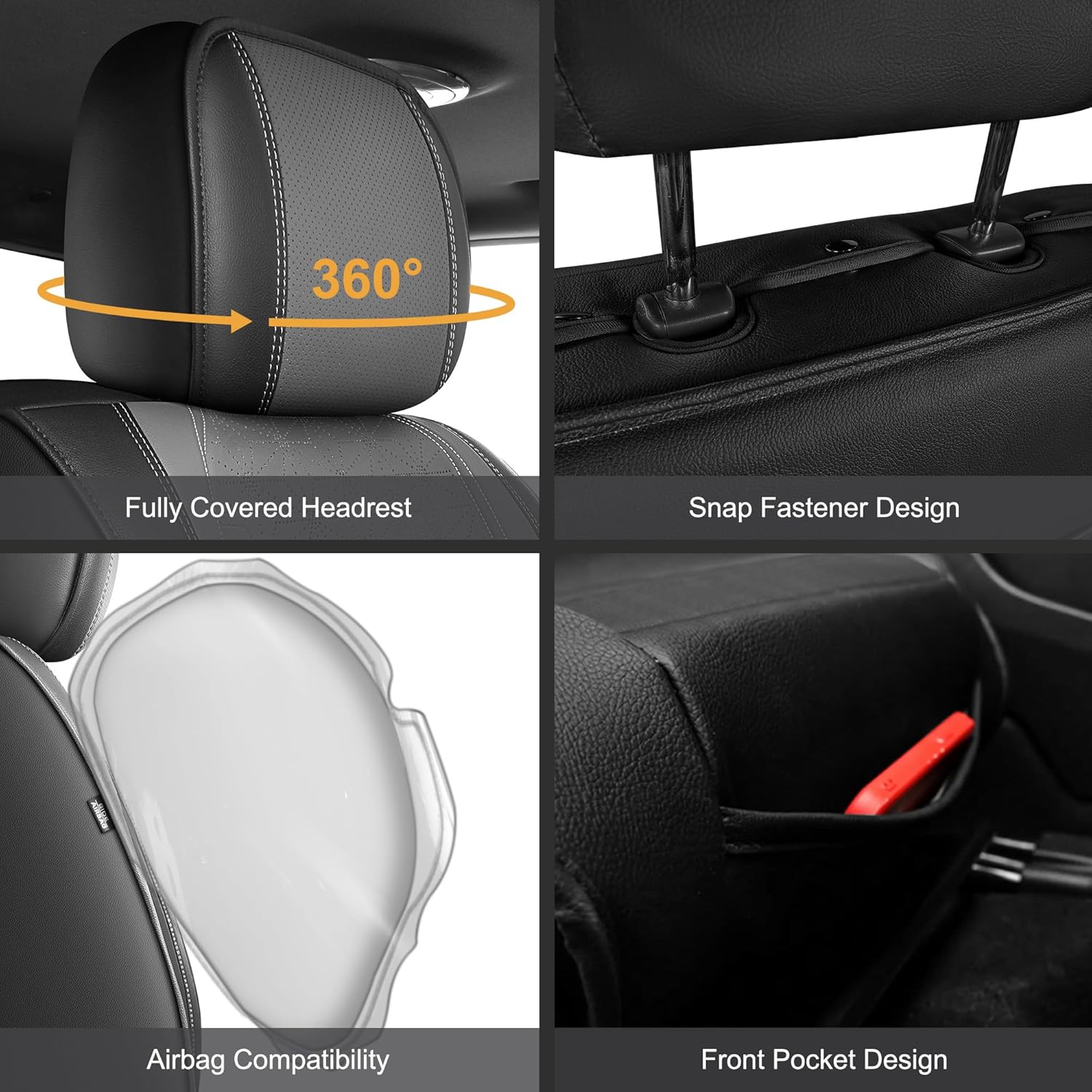 AOMSAZTO Seat Covers Fit for Ford F150 2009-2024 2025 2026 - F250/F350/F450 2017-2024 2025 2026 Full Set Faux Leather Waterproof Truck Car Seat Covers (5 Seats, Black & Grey)