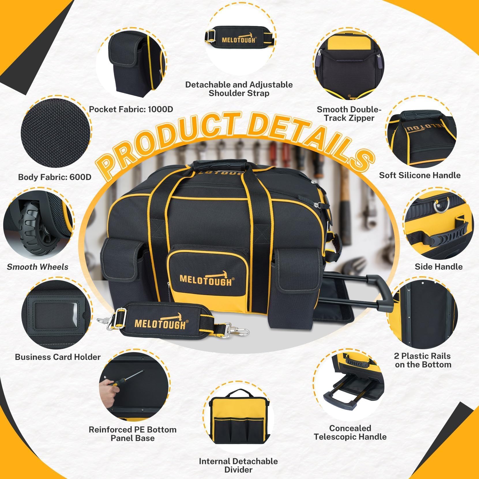 MELOTOUGH Sac à outils à roulettes robuste avec poignée télescopique dissimulée, grande capacité, plusieurs poches pour électricien, CVC, construction, charpentier (jaune)