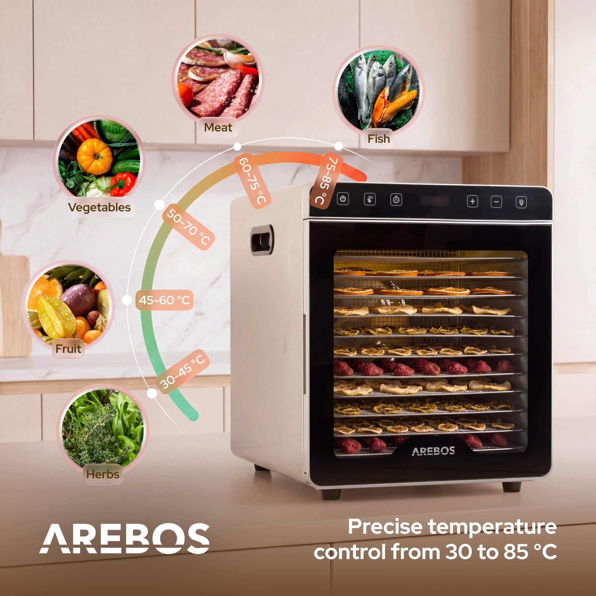 Arebos Suszarka do Żywności 800 W ze Stali Nierdzewnej | 12 Rusztów ze Stali Nierdzewnej | Pojemność 29 L | Panel Dotykowy, Oświetlenie LED, Timer 24 h, 30-85°C | Owoce, Mięso, Zioła i Warzywa