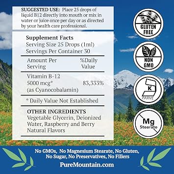 Pure Mountain Botanicals B12 5000 mcg - B12 Complex - Natural Berry Flavor - 30 Servings - Liquid Drops Vitamin - Kosher Supplement