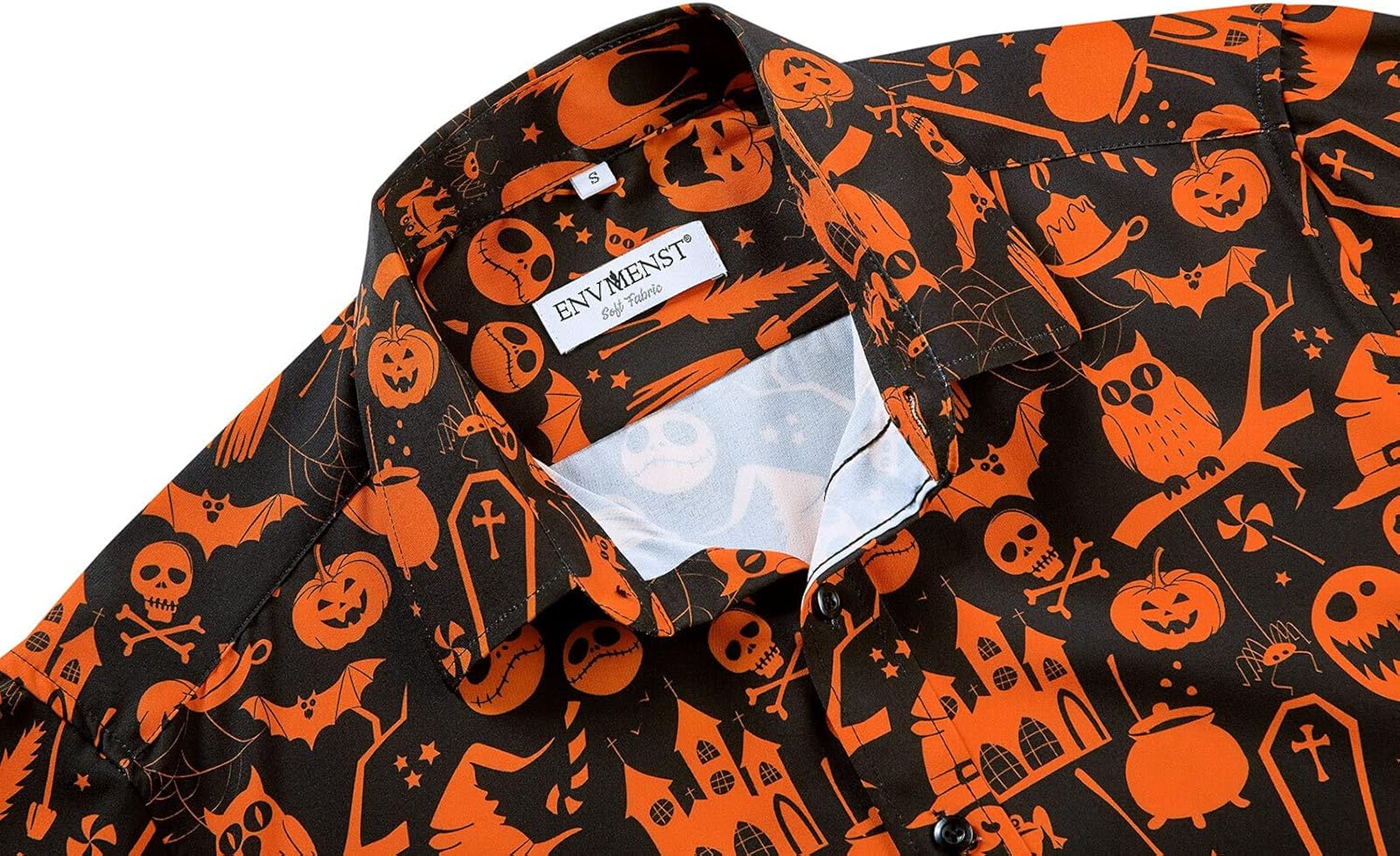 Men's Halloween Pumpkins Button Down Shirt Fun Skull Casual Short Sleeve Hawaiian Shirt - Image 4