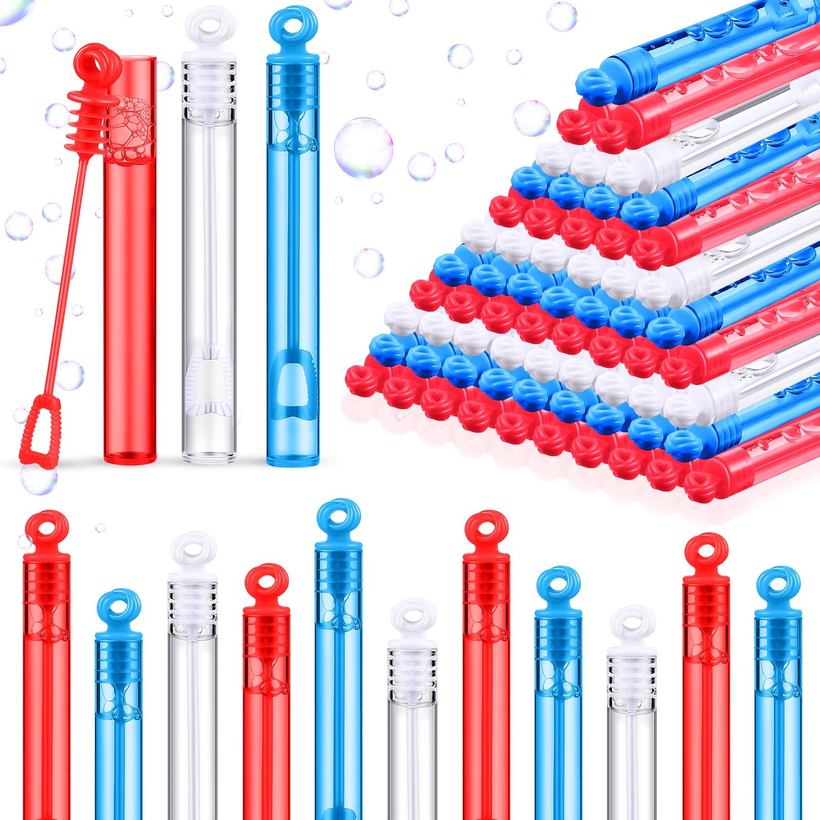 120 Pcs 4th of July Mini Bubble Wands Bulk Patriotic Red White Blue Party Favors Bubbles Veterans Day Toys Gift for Kids Memorial Independence Day Birthday Decorations Outdoor Classroom Prizes
